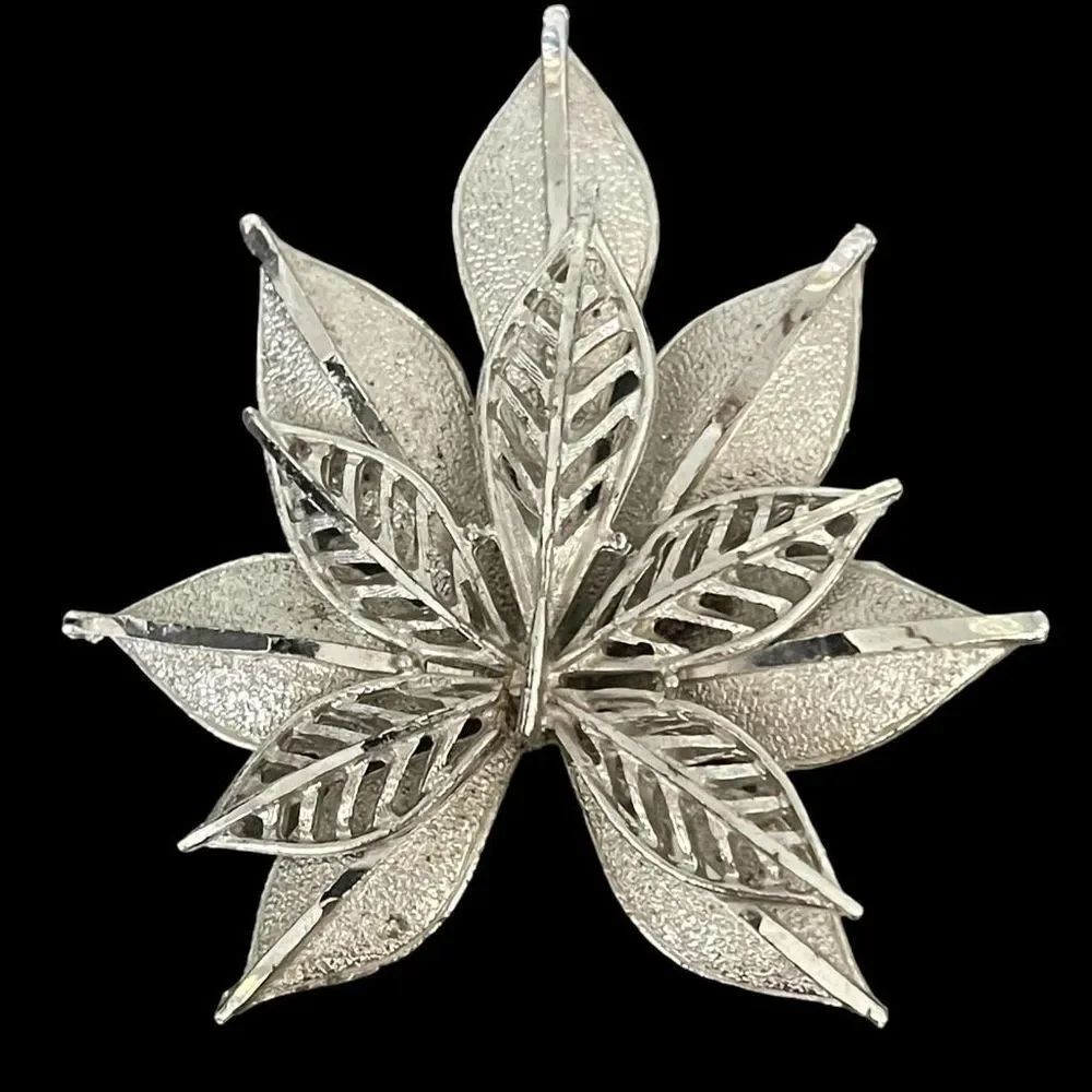 Signed Coro Vintage Double Stacked Silver Tone Leaf Brooch Pin Open Work Brushed